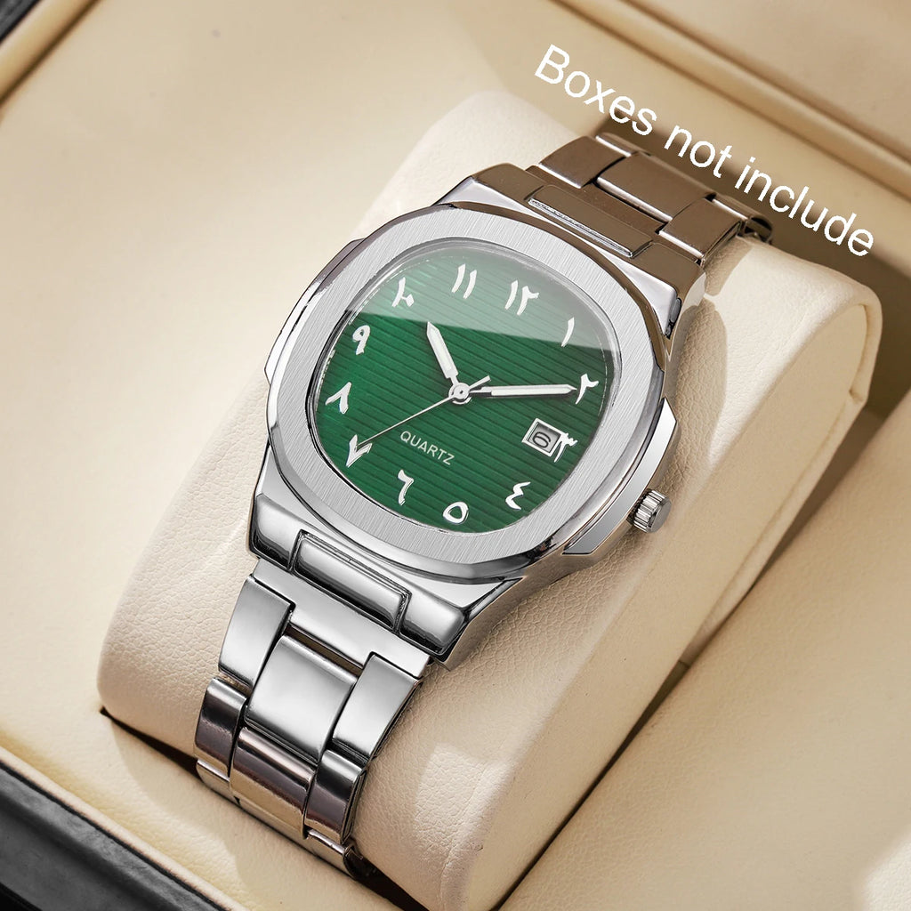 Luxury Men Business Watches Fashion Square Dial Stainless Steel Strap Quartz Watch with Calendar For Mens Clock（Without Box）