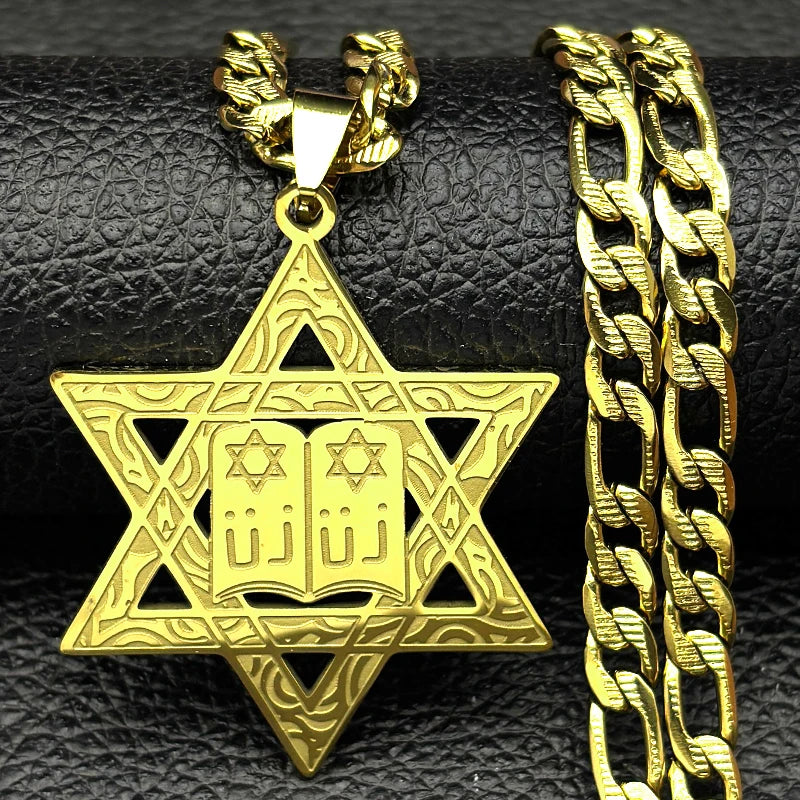 Hebrew Star of David Pendant Necklace for Women Men Stainless Steel Gold Color Jewish Bless Hip Hop Chain Amulet Jewelry Gift