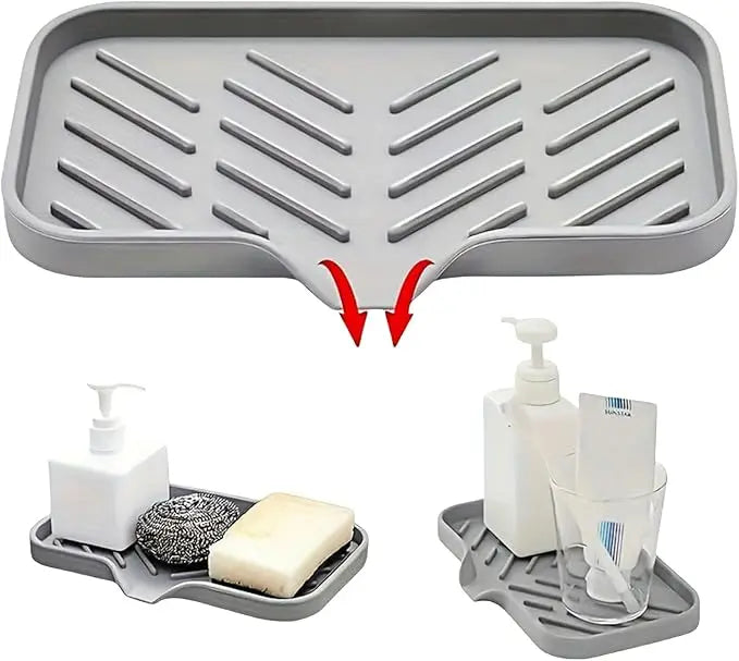 Silicone Sponge Holder with Drain Spout Kitchen Sink Sponge Tray Rubber Soap Dish for Shower Grey 9.5 X 5.9 Inch