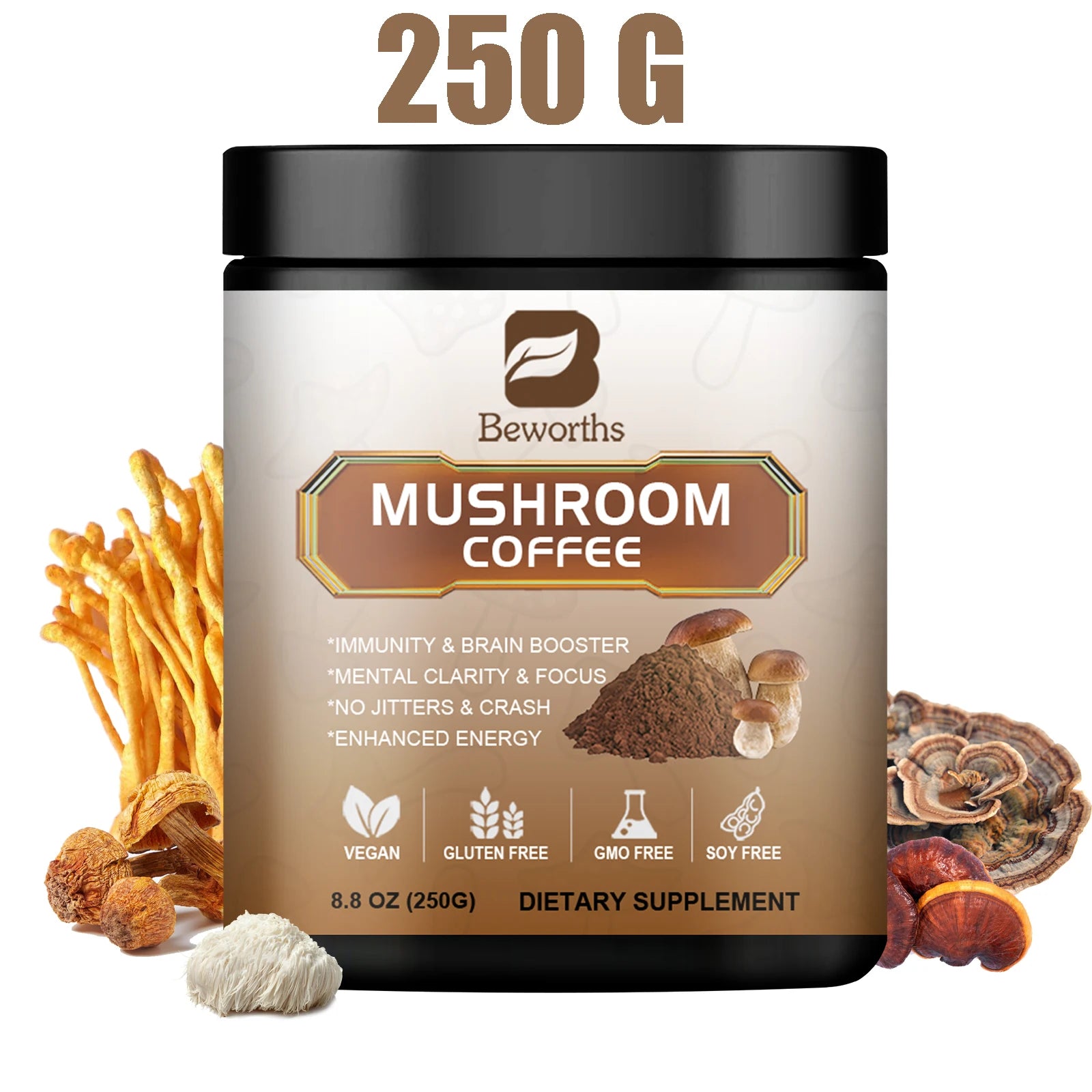 BWEORTHS 70/120/250G Mushroom Coffee Mixed Reishi&Lion's Mane Mushrooms Support Immunity&Focus Health Boost Memory NO-GMO