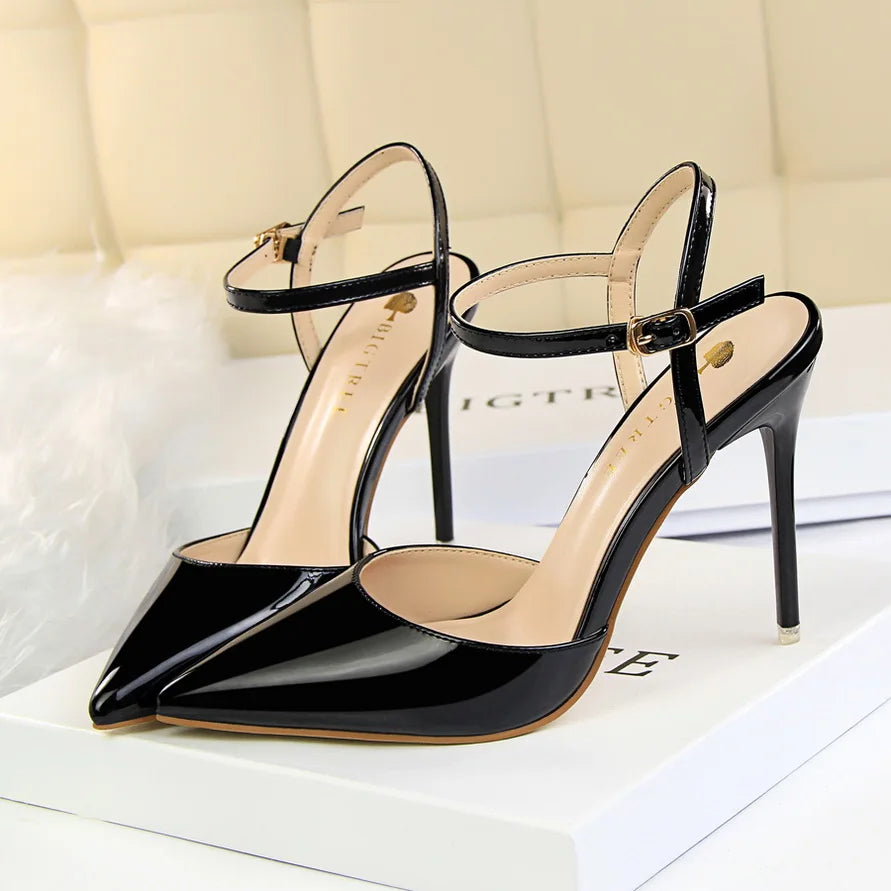 Women 10.5cm High Heels Sandals Lady Metallic Gray Patent Leather Stripper Ankle Strap Sandles Wedding Fetish Nightclub Shoes