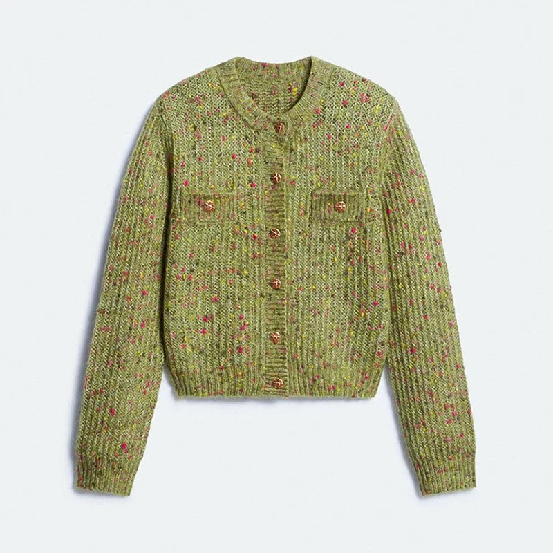Knitted Cardigan For Women Single Breasted Elastic Hem Pocket O-Neck Women's Sweater Long Sleeve Short Blouse Chic Cardigan Lady