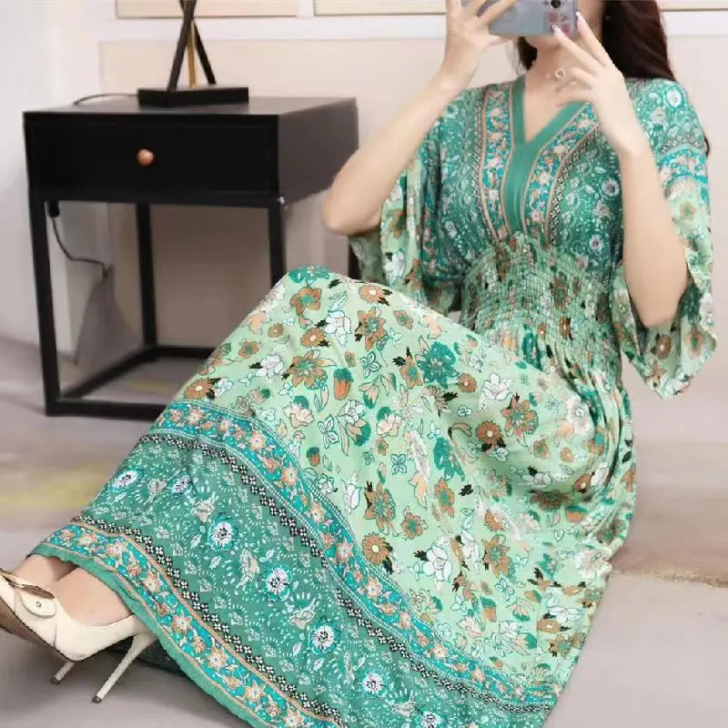 2025 Summer New Casual Elegant Retro Bohemian Style V-neck Elastic Waist Large Swing Printed Long Skirt Autumn Summer Dress