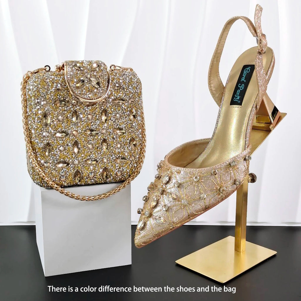 Elegant Full High Quality Diamond Design Olive Color Italian Women's Shoe and Handbag Set for Weddings and Special Occasions