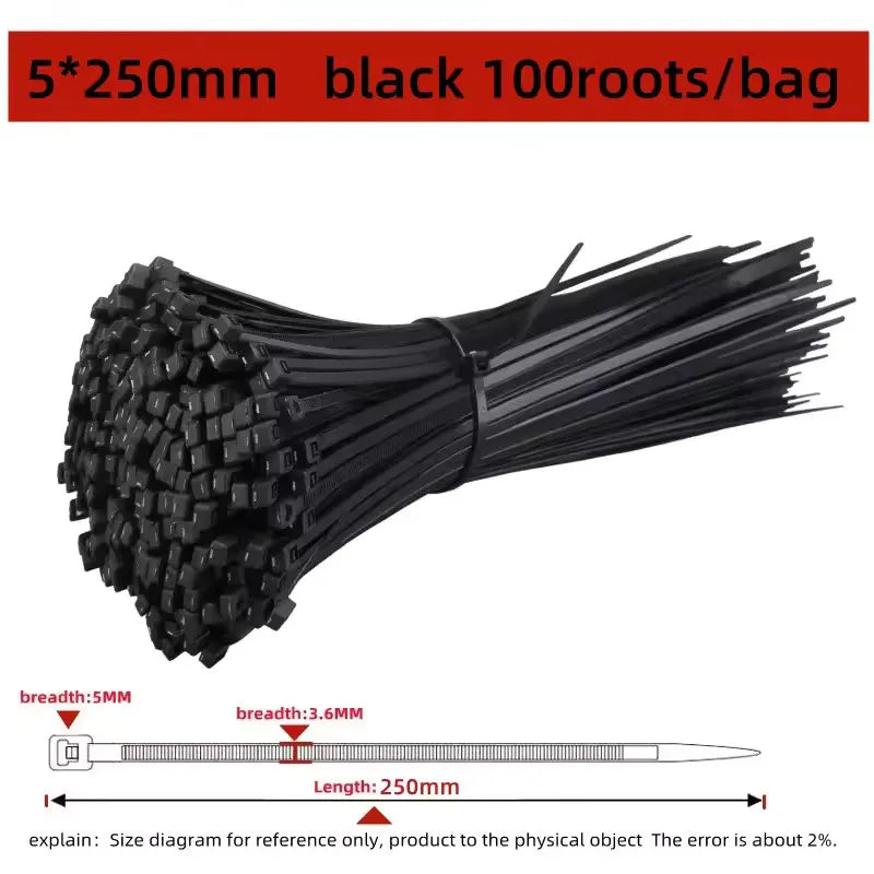 100 PCS Self-locking Plastic Nylon Tie Black Fastening Strap Cable-Tie-Set Cable Zip Tie Fastening Ring Zip Wraps Strap Tie