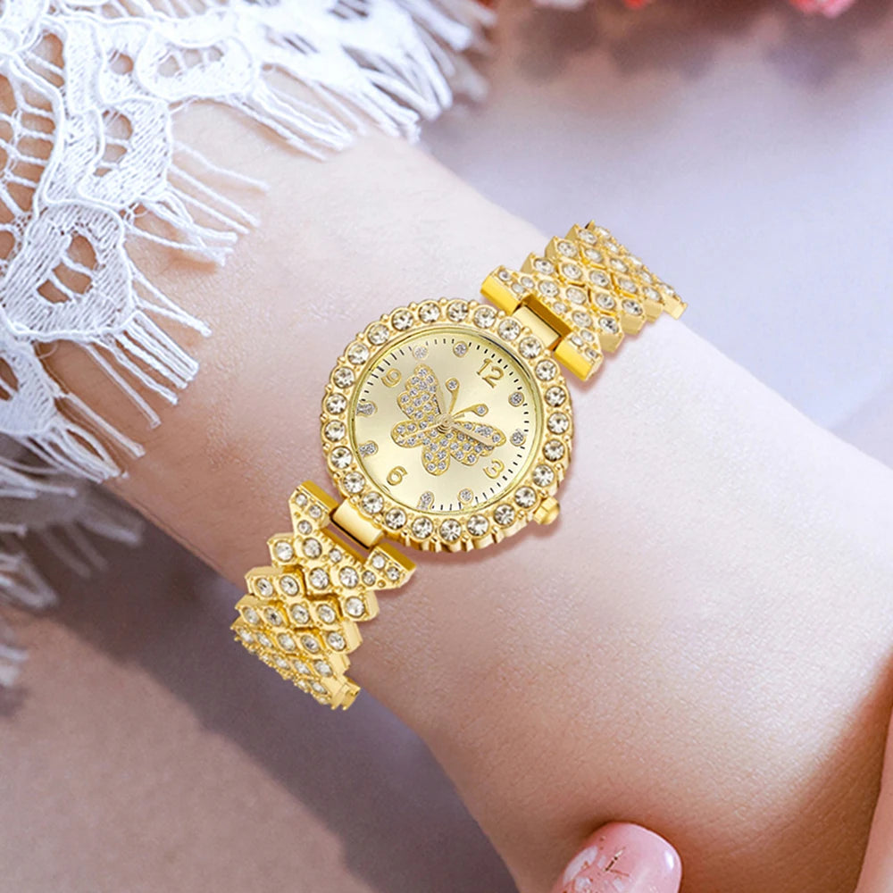 5Pcs/Set Butterfly Unisex Jewelry Watches Women's Wristwatch Accessories Gold Fashion Business Elegant Classic Exquisite Retro Light Luxury Rhinestone Luxury Bracelet Watch Set Y2K Suitable for Daily Outfits and Our Holiday G