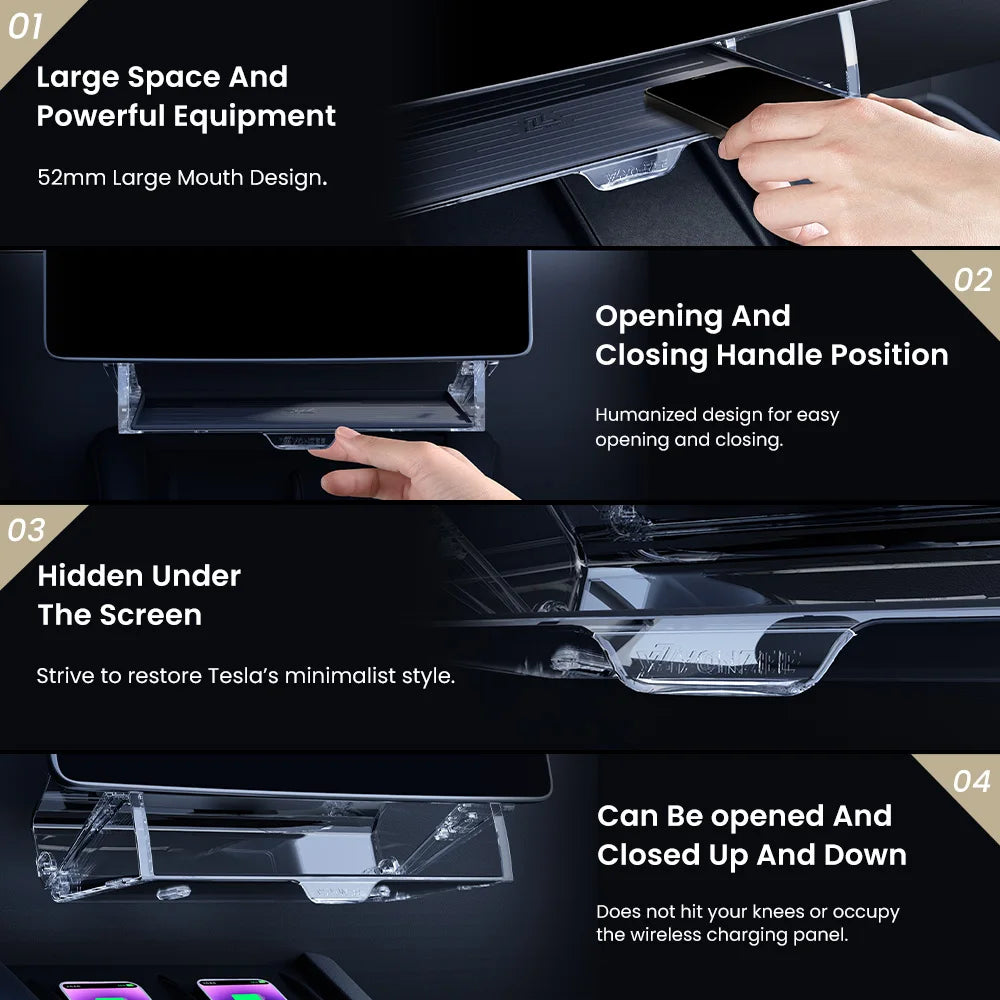 Magnetic Under Screen Storage Box for Tesla - YZ Foldable Tray Accessory for Highland Model 3 & Juniper Model Y ETC Organizer