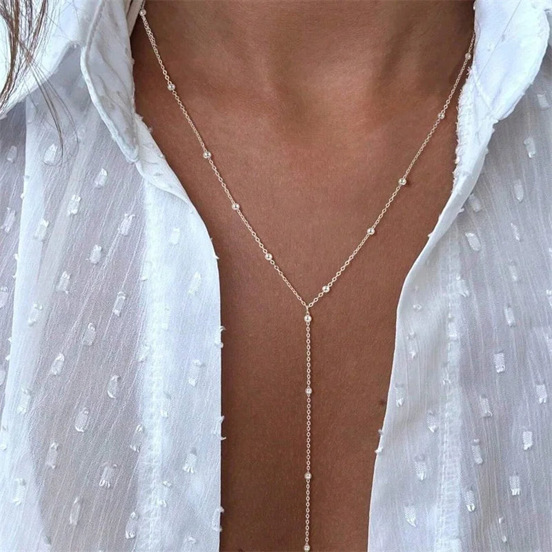 Vintage Gold Color Long Chain Drop Necklaces for Women Simple Metal Geometric Bead Tassel Choker Party Aesthetics Jewelry