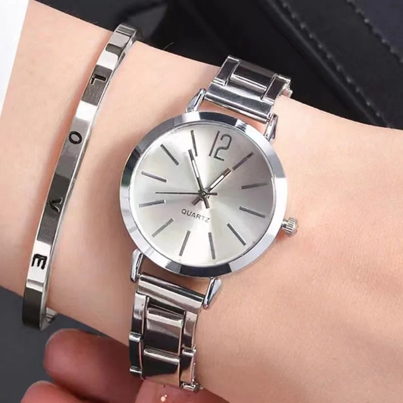 2pcs/set of Luxury Ladies' Simple Dial Alloy Strap Fashionable Gold Opening Bracelet Quartz Watch Student Ladies' Watch