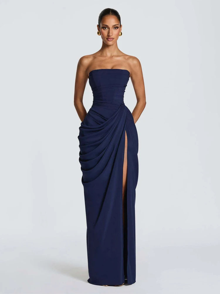Elegant Solid Strapless Pleated Dress Women Chic Sleeveless Waist Cinching Split Maxi Vestidos 2026 Lady Evening Party Dresses