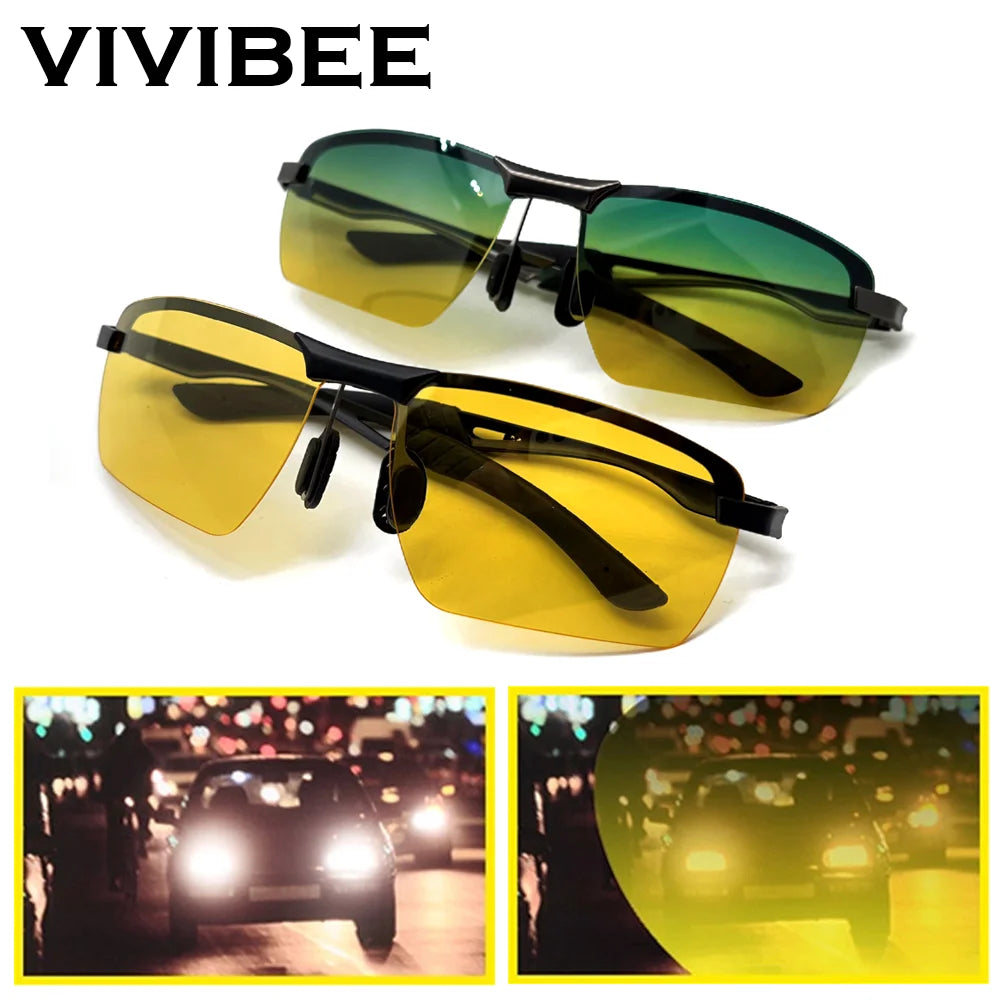 Men Day and Night Vision Glasses for Driving Yellow Polarized Lens Metal Rimless Frame UV400 Goggles Anti Glare Sunglasses