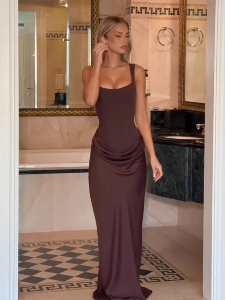 Elegant Yellow Strapless Pleated Long Dress Women Chic Solid Sleeveless Waist Cinching Split Gown 2026 Lady Evening Party Robes