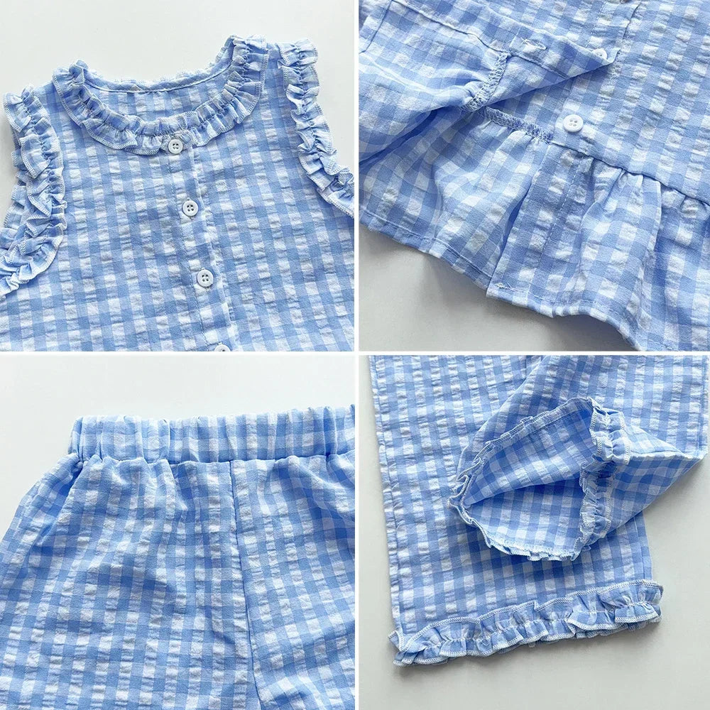 Blue and White Grid Fresh Casual Girls' Clothing Lace Sleeveless Single Breasted Vest+wide Leg Pants Two-piece Set for Summer