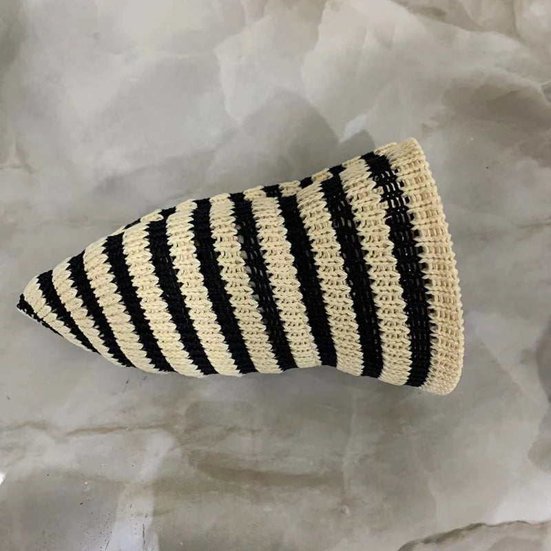 Striped Hollow Women Bucket Hat Spring Summer Outdoor Sunscreen Weave Breathable Fisherman Cap Fahsion Versatile Travel Panama