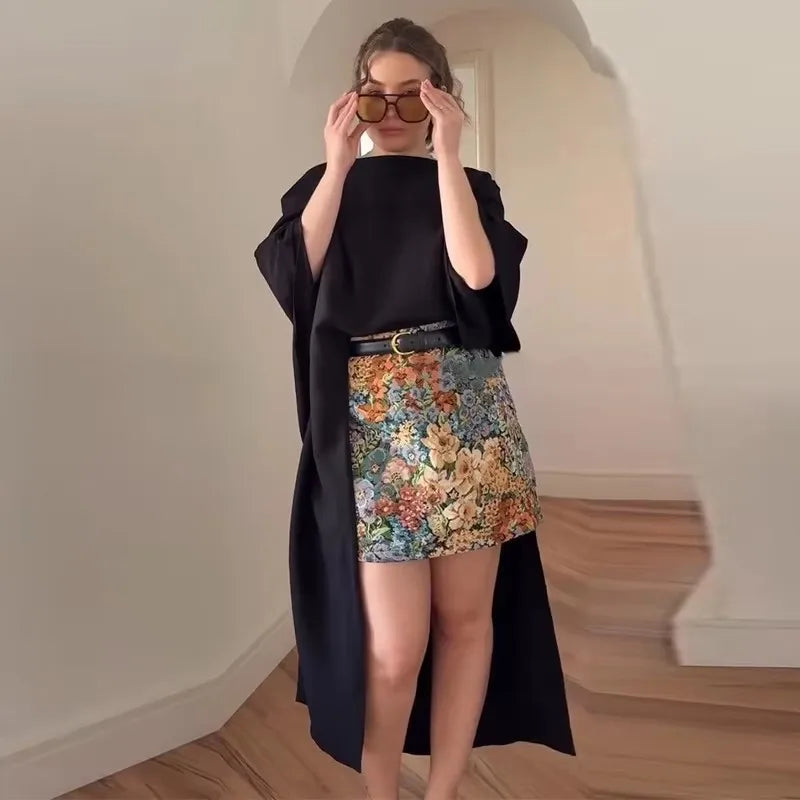 Women Vintage Floral Long Sleeve 2 Piece Set Elegant Stand Neck Cropped Jacket High Waist  Mini Skirt 2026 Daily Commute Outfit