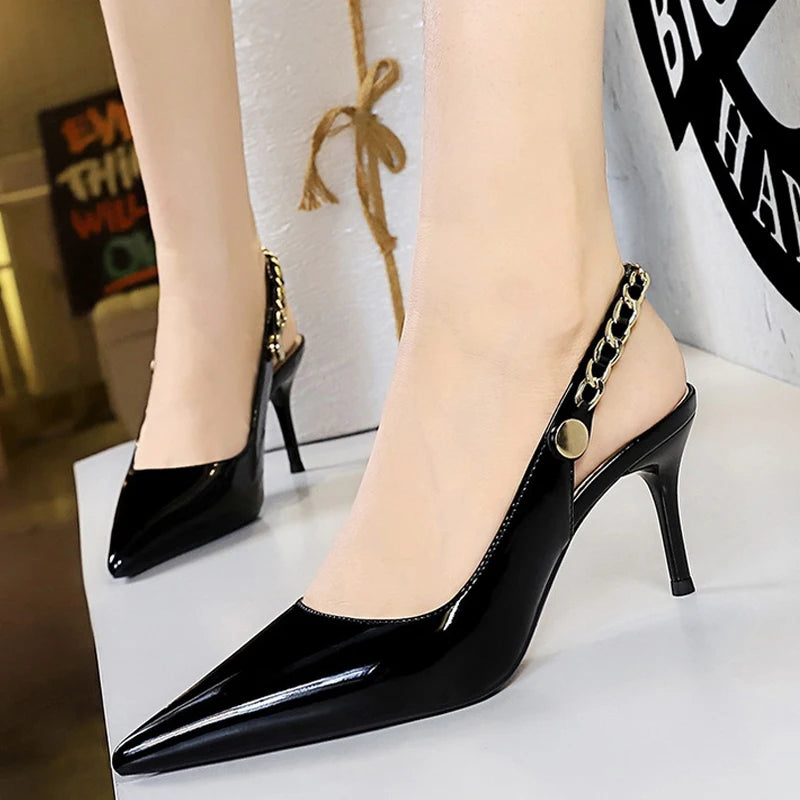 BIGTREE Shoes Metal Chain Women Pumps Patent Leather New Women 7 Cm 9.5 Cm Heels Women Summer Stilettos Sandals High Heels