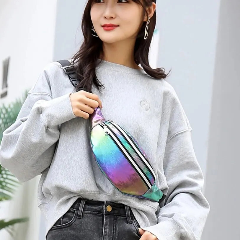 DX Holographic Fanny Pack Hologram Waist Bag Laser Beach Travel Banana Hip Bum Zip Waist Bags Women Belt Bag For Girls
