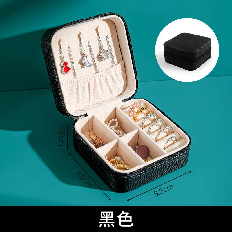 Solid Color PU Leather Material Jewelry Storage Box Travel Earrings Necklace Ring Organizer Case For Travel