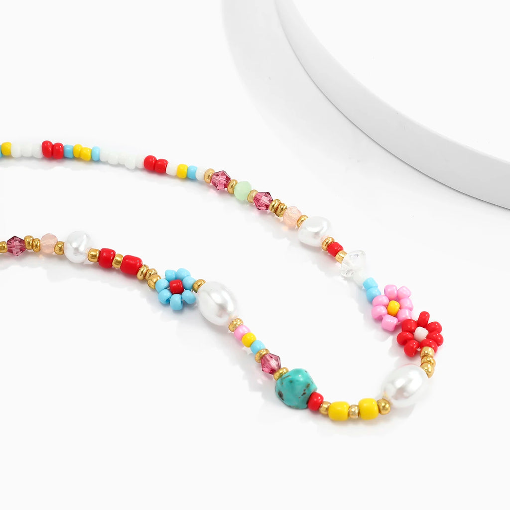 Cute Sweet Colorful Rice Beads Chokers Necklace for Women Boho Romantic Flower Imitation Pearl Clavicle Chain Girls Jewelry Gift