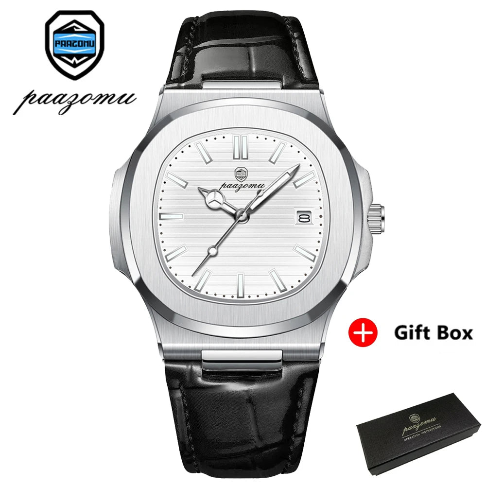 PAAZOMU Top Luxury Square Man Watch Date Waterproof Luminous Men Wristwatch High Quality Leather Men's Quartz Watches+Box Reloj