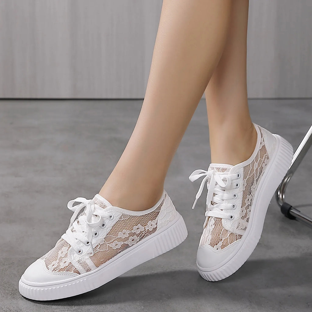 Women's Floral Lace Breathable Platform Shoes Spring Summer Thick Mid Top Lace Up Shoes Comfortable Outdoor Daily Casual Shoes