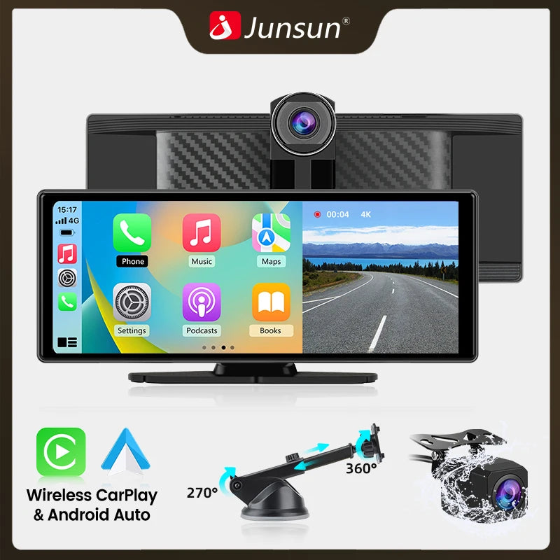 Junsun 10.26 Inch 4K Dash Cam Wireless Apple CarPlay Android Auto GPS Navigation Dual Lens DVR WiFi Rear View Camera Touch Screen Video Recorder Loop Recording G Sensor Multimedia Display