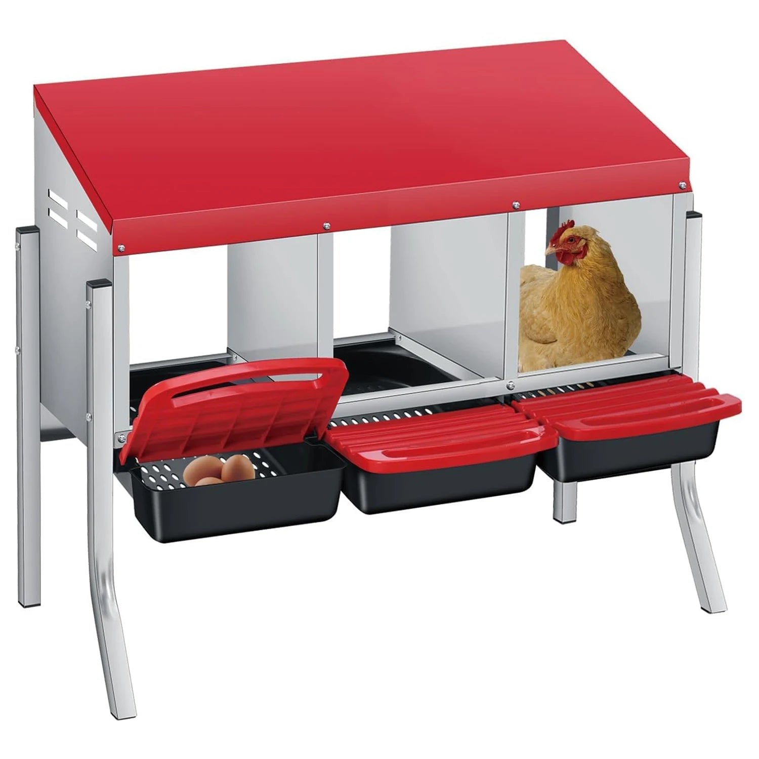 Multi-Compartment Metal Chicken Nesting Box Automatic Roll-Out Egg Collection Waterproof Steel Laying Box for Hens Ducks Rabbits