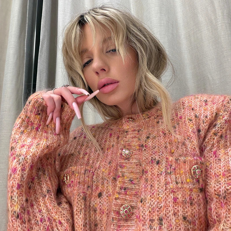 Fashion Marled Knitted Cardigan O-neck Single Breasted Long Sleeves Loose Sweater Women Casual Fashion Commute Autumn Sweaters