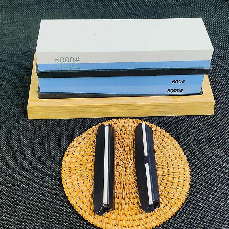 Professional Knife Sharpening Stone Kit 400/1000 3000/8000 Grit Non-slip Bamboo Base Double-side Knife Whetstone Angle Guide