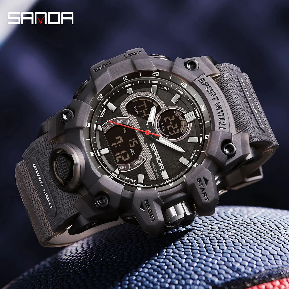 SANDA Digital Men Watch Military Sport Waterproof Wristwatch Man TPU Strap Quartz LED Clock Fashion Stopwatch Date Male Clock