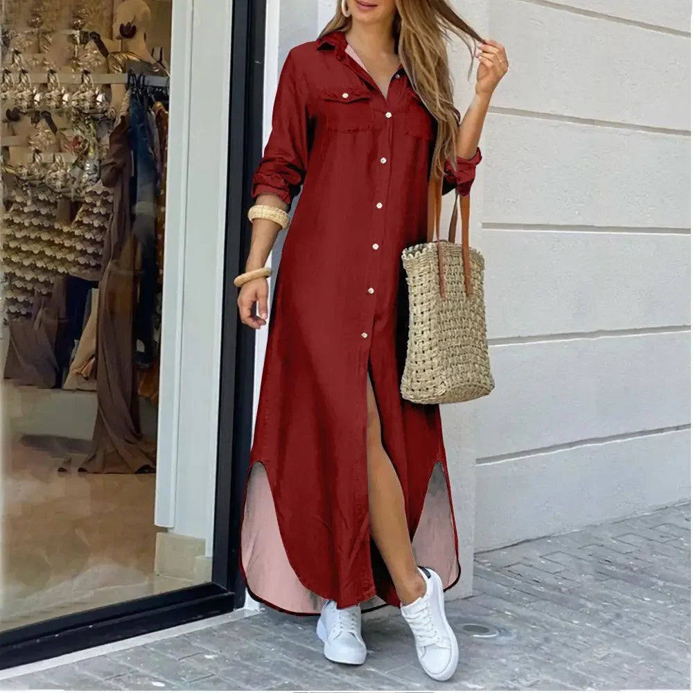 Women Shirt Dress Single Breasted Long Dresses Full Sleeve Turn Down Collar Solid Vestidos Shirts Pockets Split Casual 2025