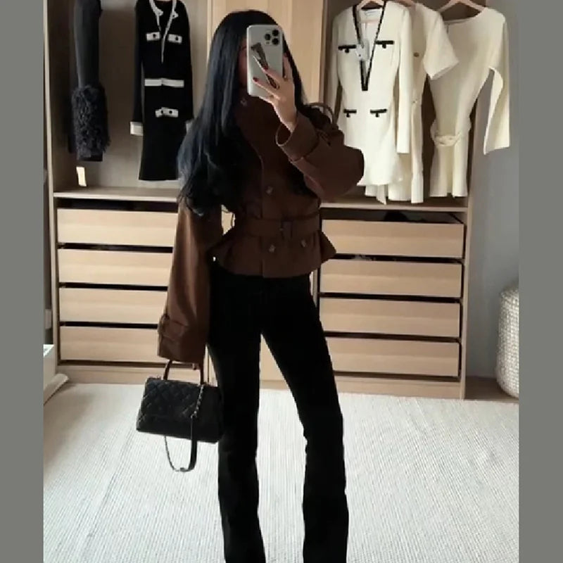Women Vintage Cropped Coat Stand Collar Waist Slim Belt Double-breasted Jacket 2026 Autumn Winter Commute Office Party Outerwear