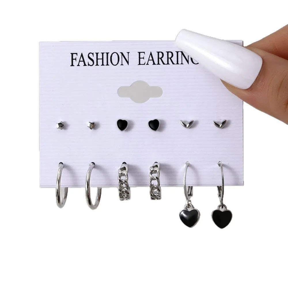 6 Pairs Korean Fashion Metal Start Heart Circle Small Earrings For Women Trend Black Heart Enamel Earrings Sweet Jewelry