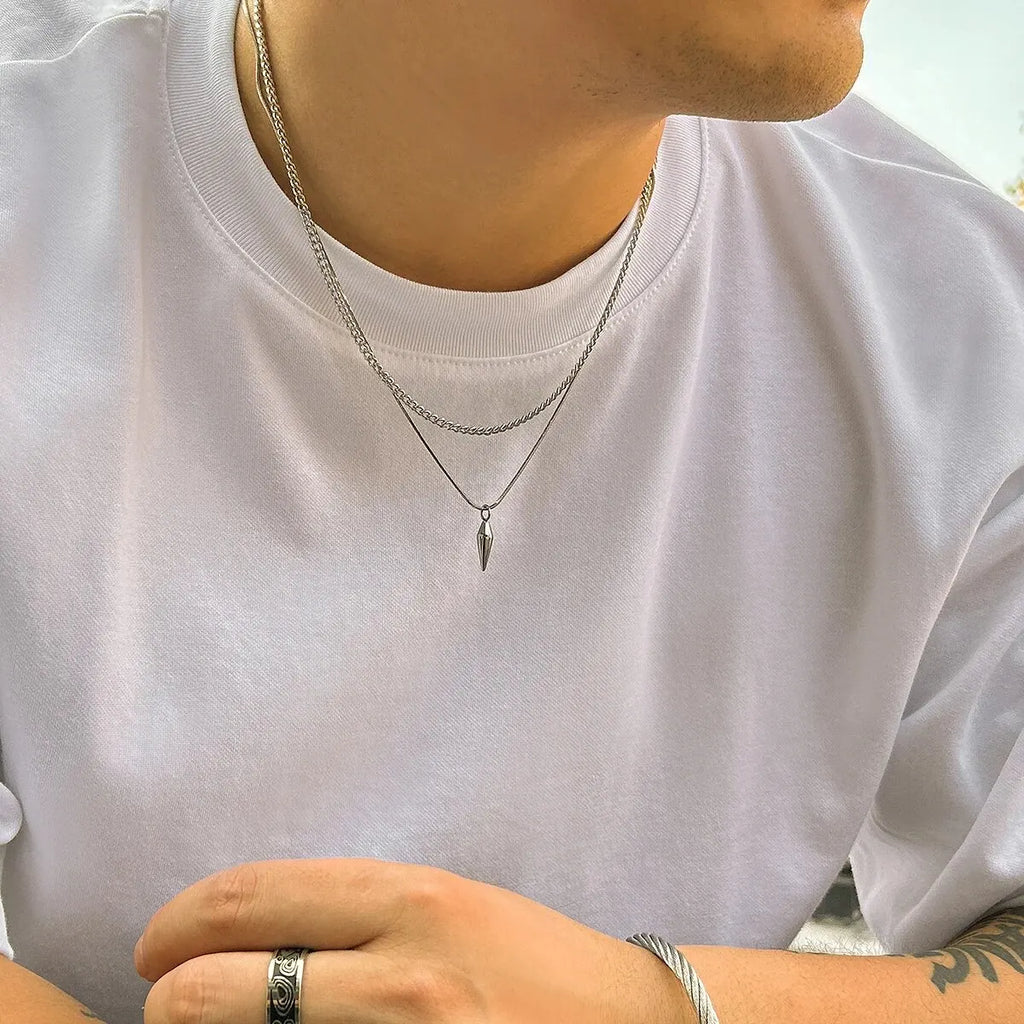 2Pcs/Set Trend Rivet Pendant Necklace for Men Hip Hop Layered Silver Color Link Chain Chokers Street Versatile Male Jewelry Gift