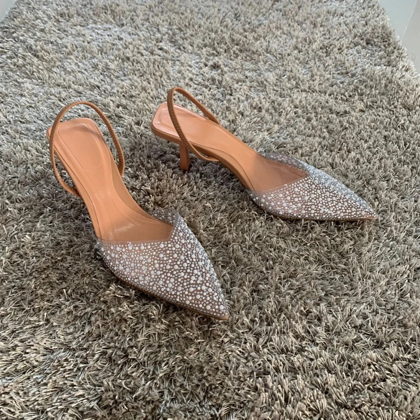 Summer Womens Pointed Toe High Heels Sandals Sexy Woman Shoes Fashion Pearl Decoration Party Wedding Slingback Woman Sandal Shoe