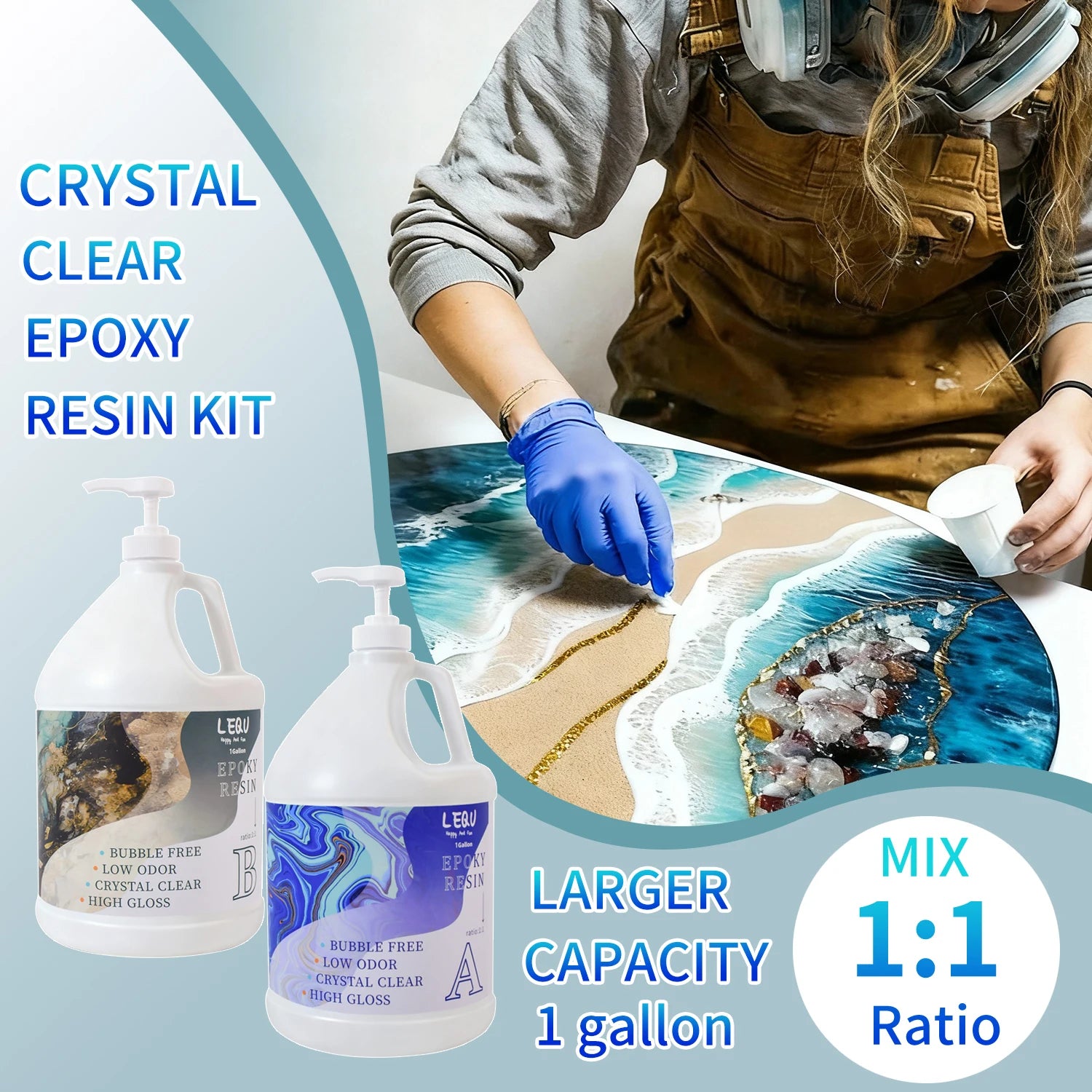 LEQU 2 Gallon Crystal Clear Epoxy Resin Kit, Bubble-Free & Non-Yellowing, Fast-Curing for Coating, Casting, Jewelry, Table Tops, Bar Tops, Solid Wood Side Tables, Handicrafts