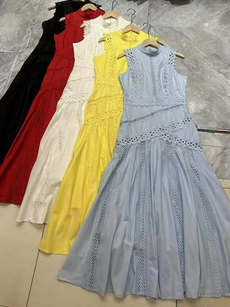2026 Summer Women's Clothing Embroidery Hollow Irregular Appliqué Sleeveless Tank Top Fashion Dress High Waist Loose Puff Skirt