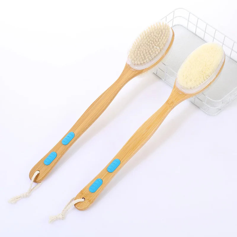Shower brush with soft and hard bristles, double sided long handle, back scrub body exfoliator, suitable for both wet and dry us