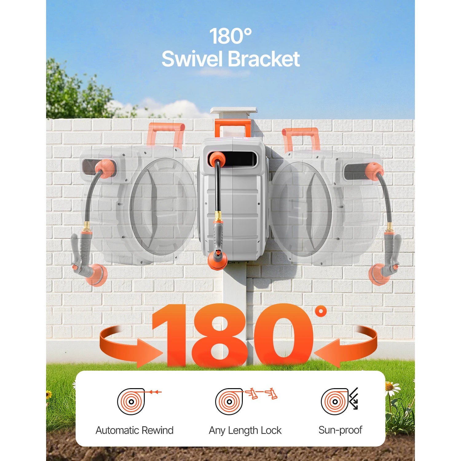 SucceBuy Retractable Garden Hose Reel Wall Mounted Hose Reel Heavy Duty Garden Hose Reel with 9Pattern Nozzle 180°Swivel Bracket