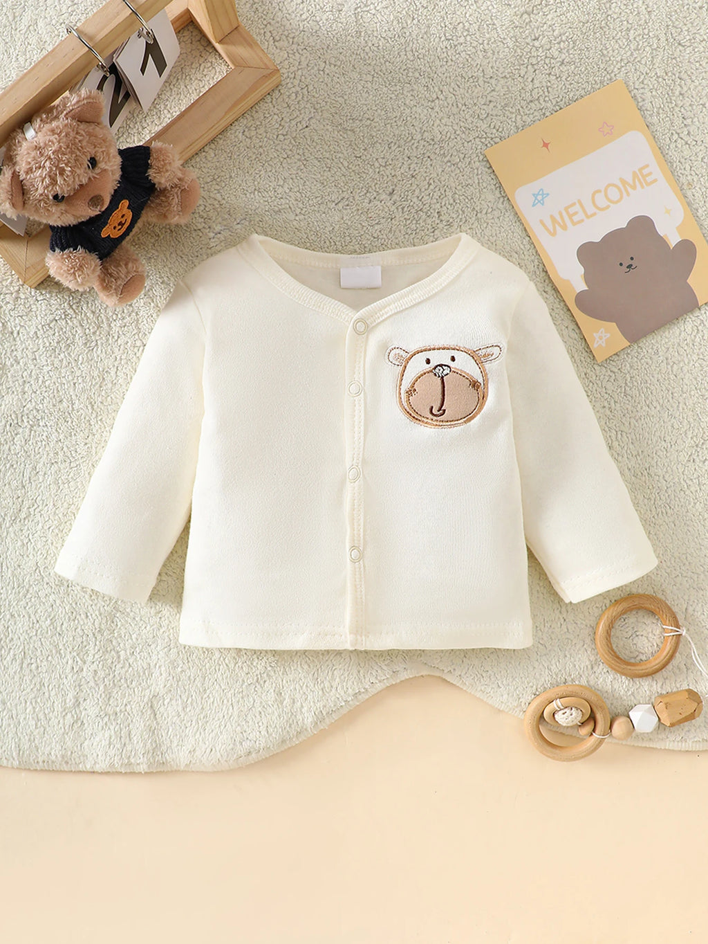 8-Piece Newborn Romper Set • 100% Cotton • Soft & Breathable Beige with Cute Bear Pattern, Perfect for Sleeping & Crawling