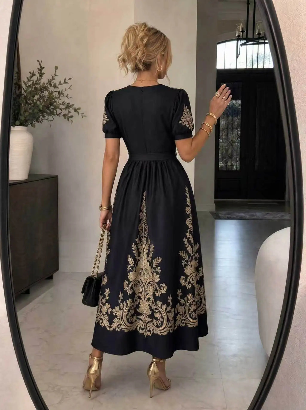 Women Vintage Gold Floral Print Maxi Dress Short Puff Sleeve Belted Elegant Party Long Dress
