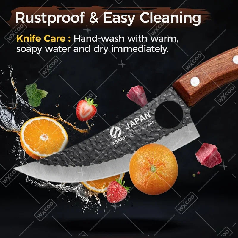 WXCOO Professional Hand Forged Butcher Knife with Wooden Handle Stainless Steel Boning Knife Cutter Full Tang Kitchen Knife