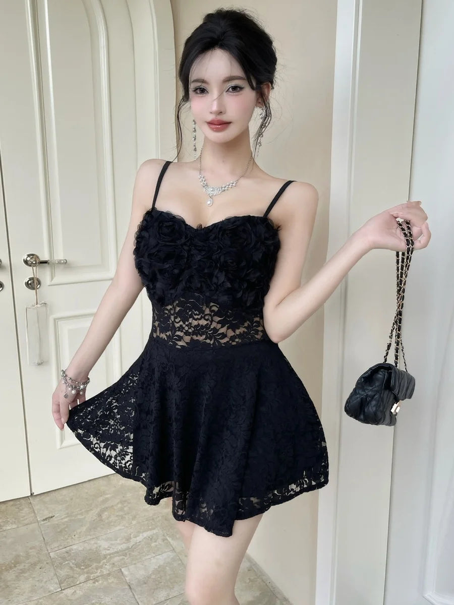 Sexy 3D Flower Lace Backless Vest Dress High Waist Slimming Embroidery Short Skirt Style Casual A-Line Silhouette V-Neck Dress