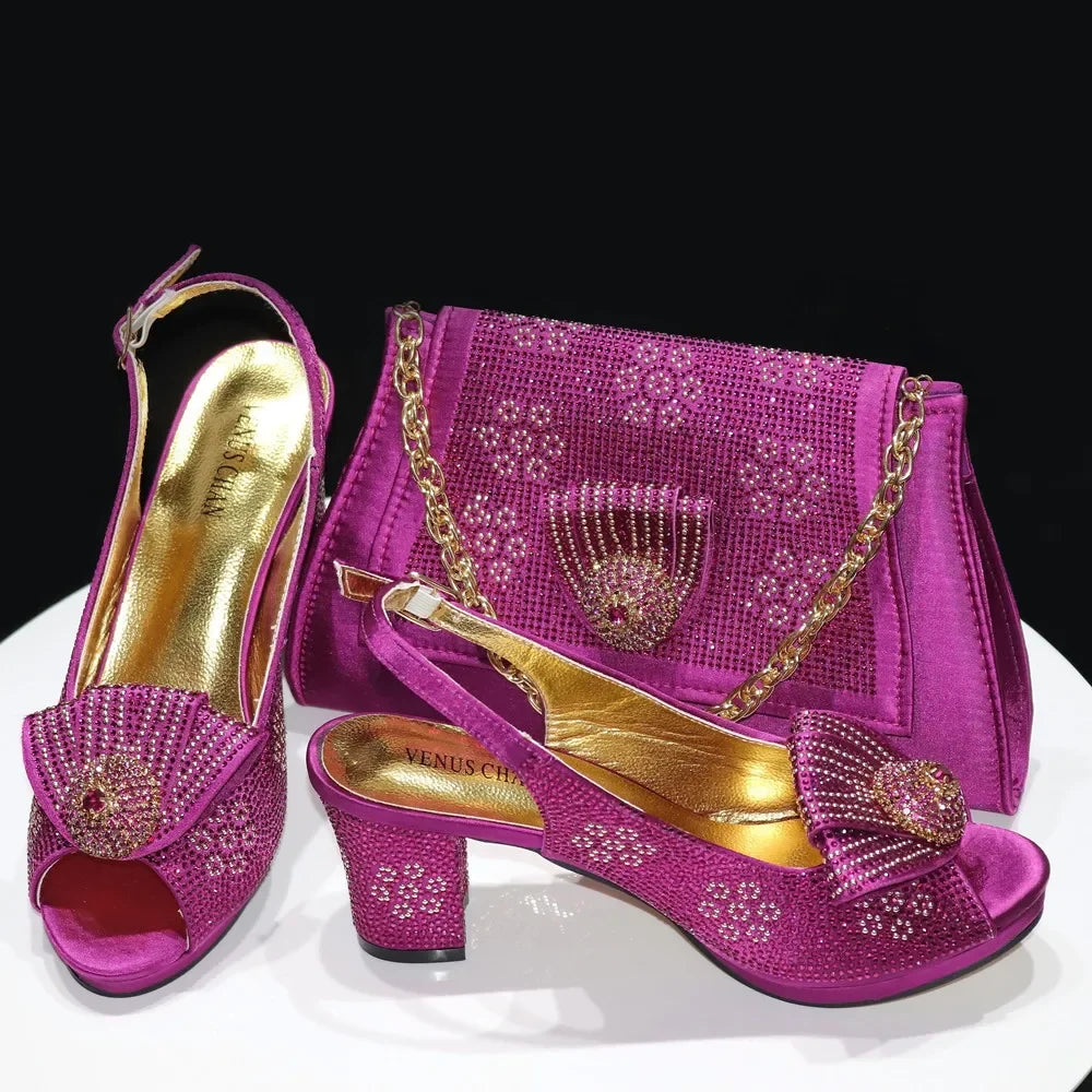 Venus Chan 2024 Italian Shoes And Bag Sets For Evening Party With Stones Italian Satin cloth  Rhinestone bow Handbags Match Bags