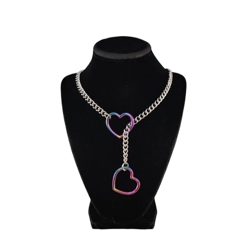 Heart O-ring Slip Chain For Women Punk Rock Necklace Stainless Steel Cuban Long Necklace Trendy Simple Adjustable Y-Necklace
