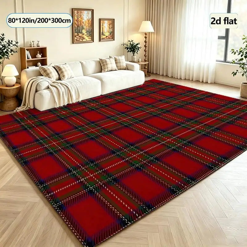 Traditional Red Scottish Plaid Carpet, Square Carpet, Suitable for Indoor Hall and Living Room Floor Decoration