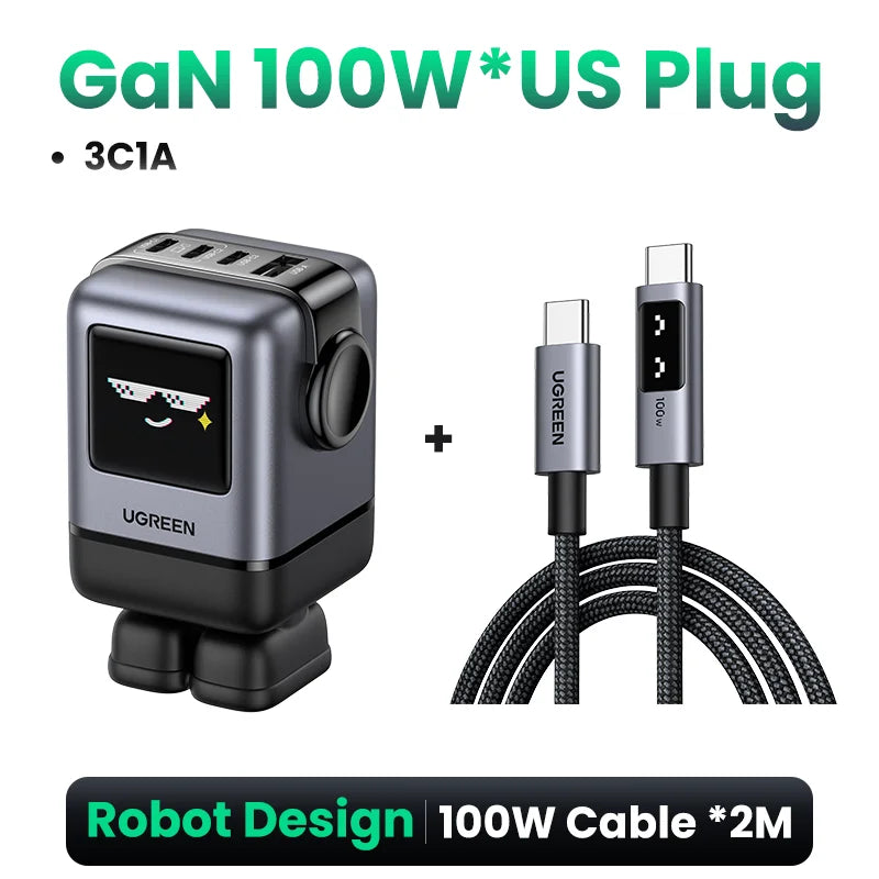 【US Plug】UGREEN100W 65W 30W GaN Charger Robot Design QC4.0 3.0 PPS for iPhone 18 17 16 Pro Macbook Laptops Tablet iPad Samsung