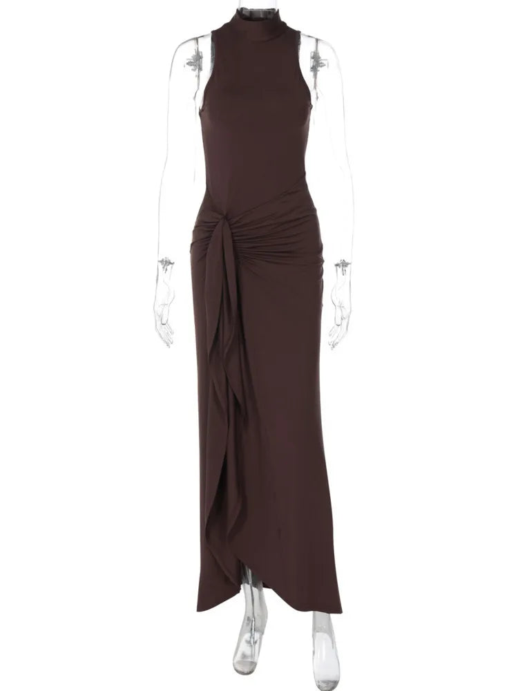 Mozision Elegant Draped Ruched Sexy Maxi Dress For Women Fashion O Neck Sleeveless Thigh High Split Club Party Long Dress Female