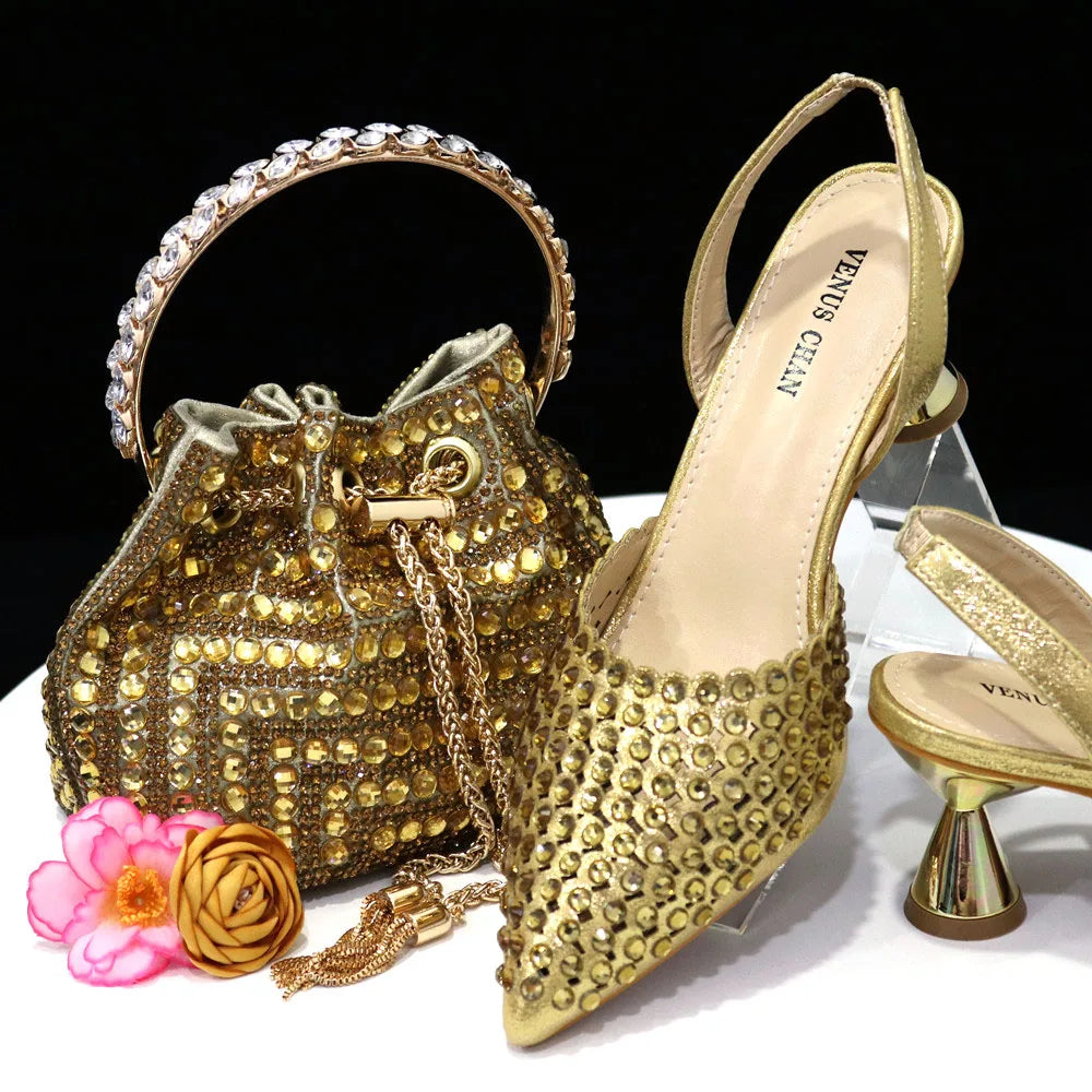 Venus Chan 2023 New INS High-Heeled Pointed Toe Wedding Shoes Colorful Full Diamond Design Shoe and Bag Set for Nigeria Party