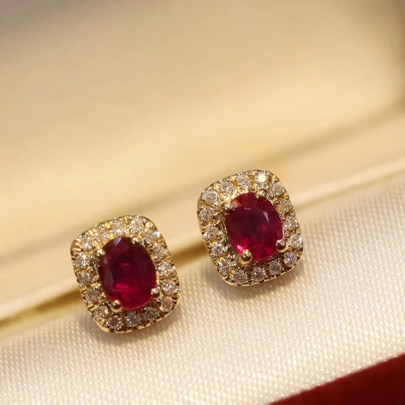 Huitan Fashion Red Cubic Zirconia Stud Earrings Luxury Gold Color Wedding Ear Accessories for Women Versatile Jewelry Wholesale